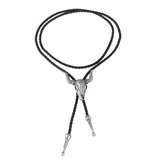Maxbell Fashion Western Longhorn Cow Skull Leather Bolo Tie Necktie Antique Silver