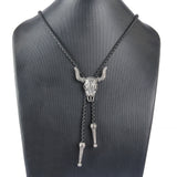 Maxbell Fashion Western Longhorn Cow Skull Leather Bolo Tie Necktie Antique Silver