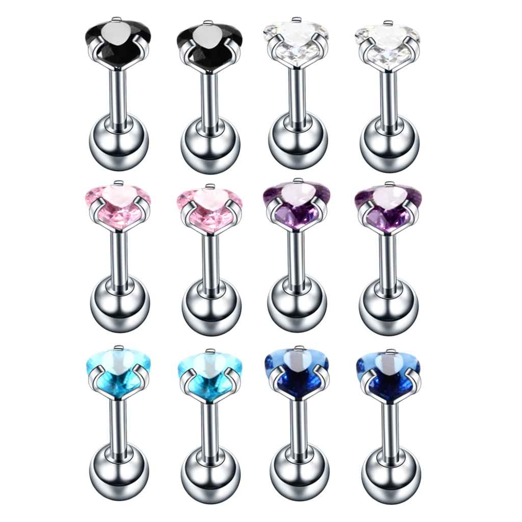 Maxbell 12 Pieces Stainless Steel Zircon Helix Lip Tragus Stud Earrings 16g Heart