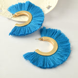 Maxbell Bohemia Women C Tassel Fringe Ear Stud Clip Drop Earrings Jewelry Blue