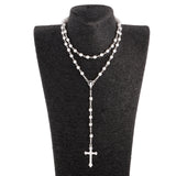 Maxbell Women Hip 8mm Bead Rosary Pray Hand Jesus INRI Cross Pendant Necklace Silver