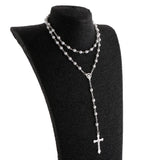 Maxbell Women Hip 8mm Bead Rosary Pray Hand Jesus INRI Cross Pendant Necklace Silver