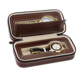 Maxbell 2 Slots Genuine Leather Watch Travel Case Collector Storage Zipper Box Brown