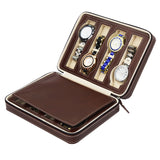 Maxbell 8 Slots Genuine Leather Watch Travel Case Collector Storage Zipper Box Brown