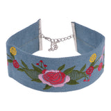 Maxbell Retro Jean Denim Embroidery Flower Choker Punk Gothic Necklace Women Jewelry Blue