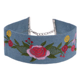 Maxbell Retro Jean Denim Embroidery Flower Choker Punk Gothic Necklace Women Jewelry Blue