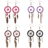 Maxbell Women Tibetan Gold Dream Catcher Dangle Feather Dangle Earrings Wine Red