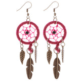 Maxbell Women Tibetan Gold Dream Catcher Dangle Feather Dangle Earrings Wine Red