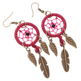 Maxbell Women Tibetan Gold Dream Catcher Dangle Feather Dangle Earrings Wine Red