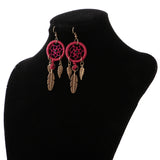 Maxbell Women Tibetan Gold Dream Catcher Dangle Feather Dangle Earrings Wine Red