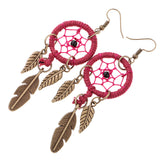 Maxbell Women Tibetan Gold Dream Catcher Dangle Feather Dangle Earrings Wine Red