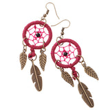 Maxbell Women Tibetan Gold Dream Catcher Dangle Feather Dangle Earrings Wine Red