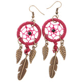 Maxbell Women Tibetan Gold Dream Catcher Dangle Feather Dangle Earrings Wine Red