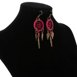 Maxbell Women Tibetan Gold Dream Catcher Dangle Feather Dangle Earrings Wine Red