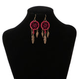 Maxbell Women Tibetan Gold Dream Catcher Dangle Feather Dangle Earrings Wine Red