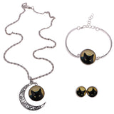 Maxbell Cute Lifelike Black Cat Moon Gem Pendant Necklace Bracelet Earrings Set 2