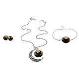 Maxbell Cute Lifelike Black Cat Moon Gem Pendant Necklace Bracelet Earrings Set 2