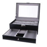 Maxbell 12 Slots Watch Bracelet Box Leather Display Top Glass Jewelry Storage  Black