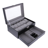 Maxbell 12 Slots Watch Bracelet Box Leather Display Top Glass Jewelry Storage  Black