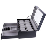 Maxbell 12 Slots Watch Bracelet Box Leather Display Top Glass Jewelry Storage  Black