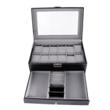 Maxbell 12 Slots Watch Bracelet Box Leather Display Top Glass Jewelry Storage  Black