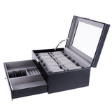 Maxbell 12 Slots Watch Bracelet Box Leather Display Top Glass Jewelry Storage  Black