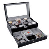 Maxbell 12 Slots Watch Bracelet Box Leather Display Top Glass Jewelry Storage  Black