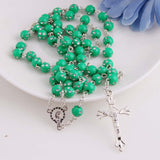 Maxbell Women Hip 8mm Beads Rosary Pray Hand Jesus Cross Pendant Necklace Green