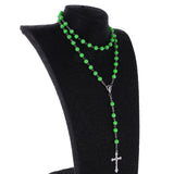 Maxbell Women Hip 8mm Beads Rosary Pray Hand Jesus Cross Pendant Necklace Green