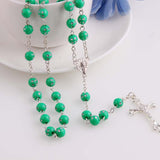 Maxbell Women Hip 8mm Beads Rosary Pray Hand Jesus Cross Pendant Necklace Green