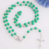 Maxbell Women Hip 8mm Beads Rosary Pray Hand Jesus Cross Pendant Necklace Green