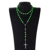 Maxbell Women Hip 8mm Beads Rosary Pray Hand Jesus Cross Pendant Necklace Green