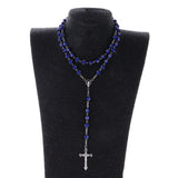 Maxbell Women Hip 8mm Beads Rosary Pray Hand Jesus Cross Pendant Necklace Dark Blue