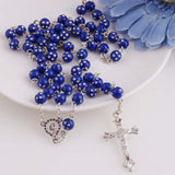 Maxbell Women Hip 8mm Beads Rosary Pray Hand Jesus Cross Pendant Necklace Dark Blue