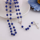 Maxbell Women Hip 8mm Beads Rosary Pray Hand Jesus Cross Pendant Necklace Dark Blue