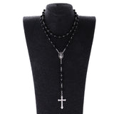 Maxbell Mens Hip 8mm Bead Rosary Pray Hand Jesus Cross Pendant Necklace Black