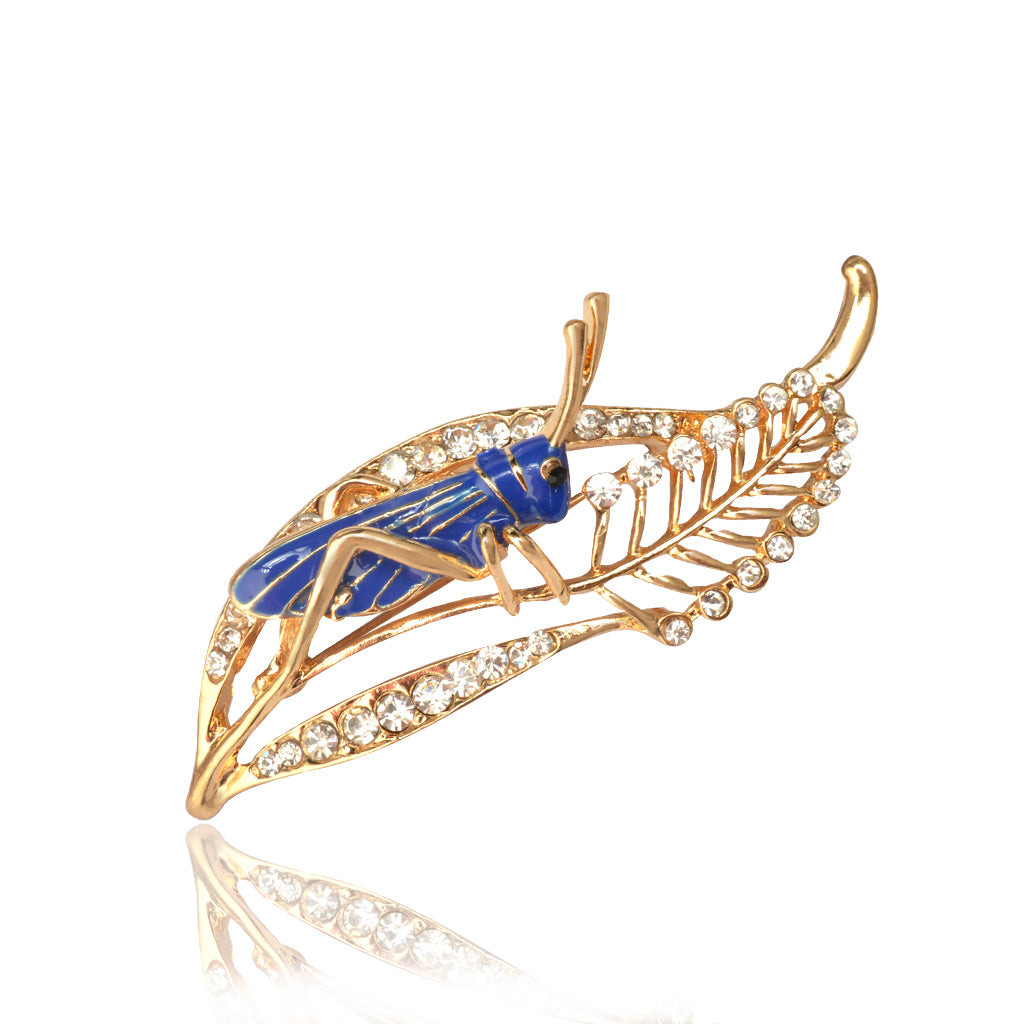Maxbell Chic Crystal Rhinestone Leaf Grasshopper Locust Cricket Pin Brooch  Blue