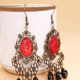 Maxbell Women Vintage Court Style Charm Flower Tassel Beads Dangle Earrings Red