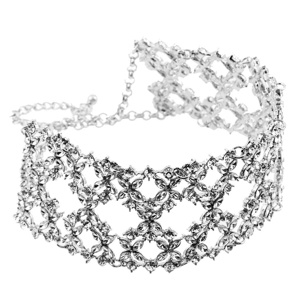 Maxbell Multilayer Rhinestone Alloy Choker Collar Necklace Elegant Lady Decor Silver