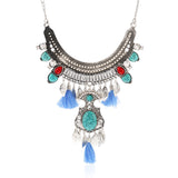 Maxbell Retro Ethnic Turquoise Leaf Tassel Statement Necklace Chunky Bubble Bib-Blue