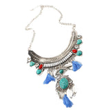 Maxbell Retro Ethnic Turquoise Leaf Tassel Statement Necklace Chunky Bubble Bib-Blue