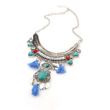 Maxbell Retro Ethnic Turquoise Leaf Tassel Statement Necklace Chunky Bubble Bib-Blue