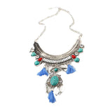 Maxbell Retro Ethnic Turquoise Leaf Tassel Statement Necklace Chunky Bubble Bib-Blue