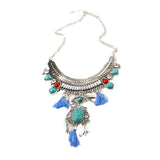 Maxbell Retro Ethnic Turquoise Leaf Tassel Statement Necklace Chunky Bubble Bib-Blue