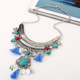 Maxbell Retro Ethnic Turquoise Leaf Tassel Statement Necklace Chunky Bubble Bib-Blue
