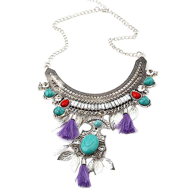Maxbell Retro Ethnic Turquoise Leaf Tassel Statement Necklace Chunky Bubble-Purple