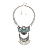 Maxbell Antique Silver Turquoise Tassel Statement Necklace Bib Earring Jewelry Set