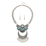 Maxbell Antique Silver Turquoise Tassel Statement Necklace Bib Earring Jewelry Set