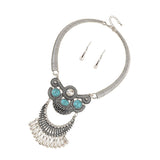 Maxbell Antique Silver Turquoise Tassel Statement Necklace Bib Earring Jewelry Set