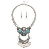 Maxbell Antique Silver Turquoise Tassel Statement Necklace Bib Earring Jewelry Set